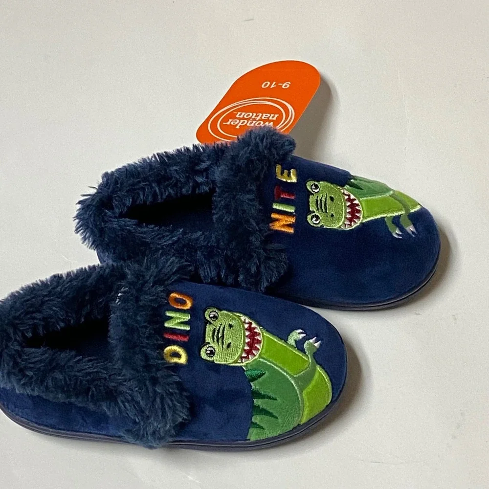 Wonder Nation Kids Navy Blue Dinosaur Dino Nite Slippers Size 9-10‎ NWT
